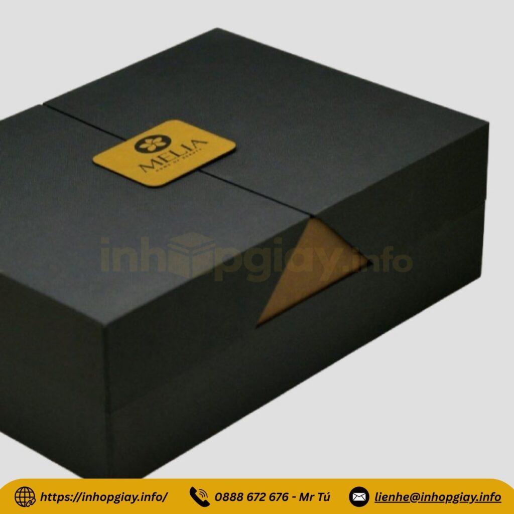 Hộp quà nam châm carton lạnh, in logo MELIA ép kim, dùng cho mỹ phẩm cao cấp