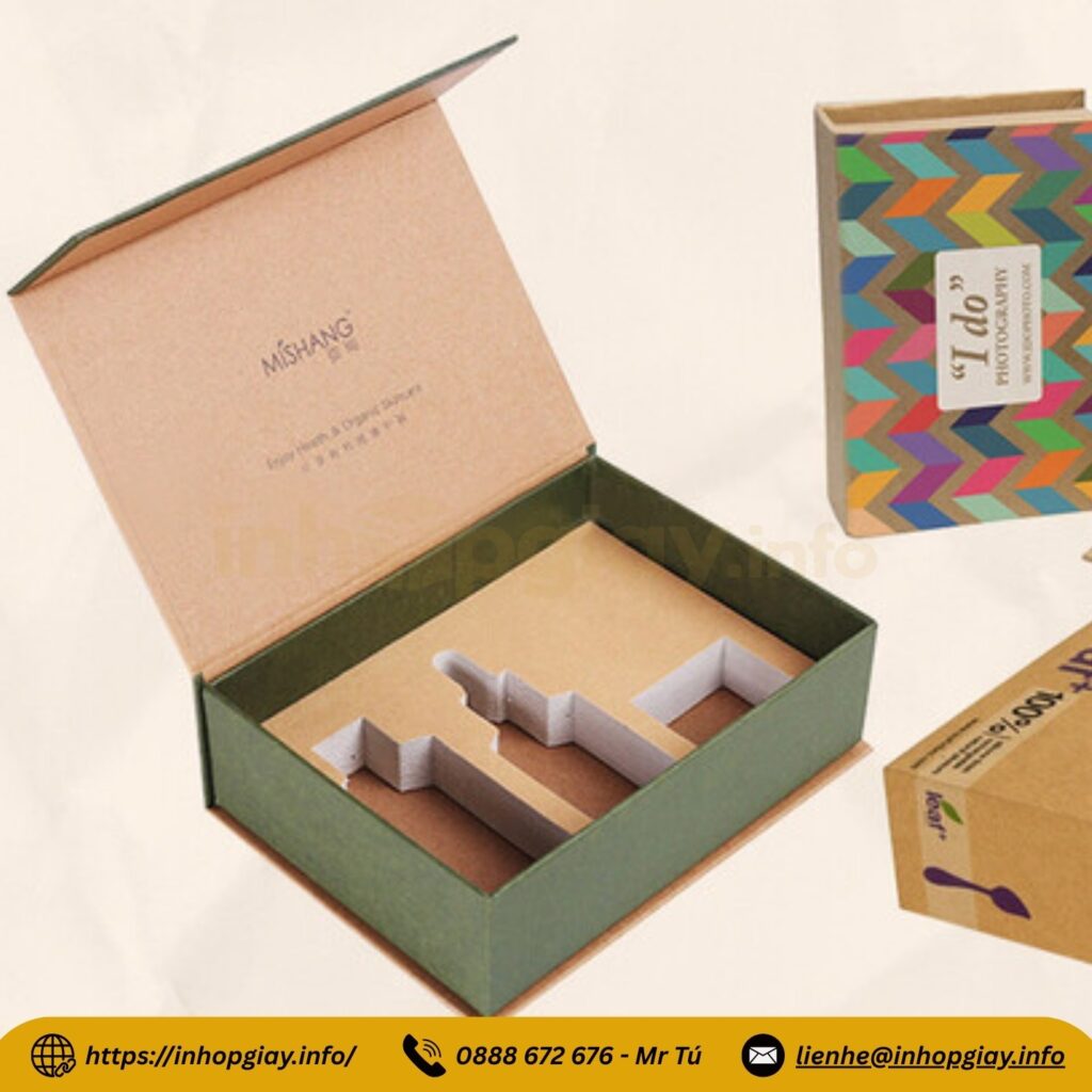 Hộp cứng nam châm bồi giấy mỹ thuật, chia khay bên trong, đựng set quà cao cấp