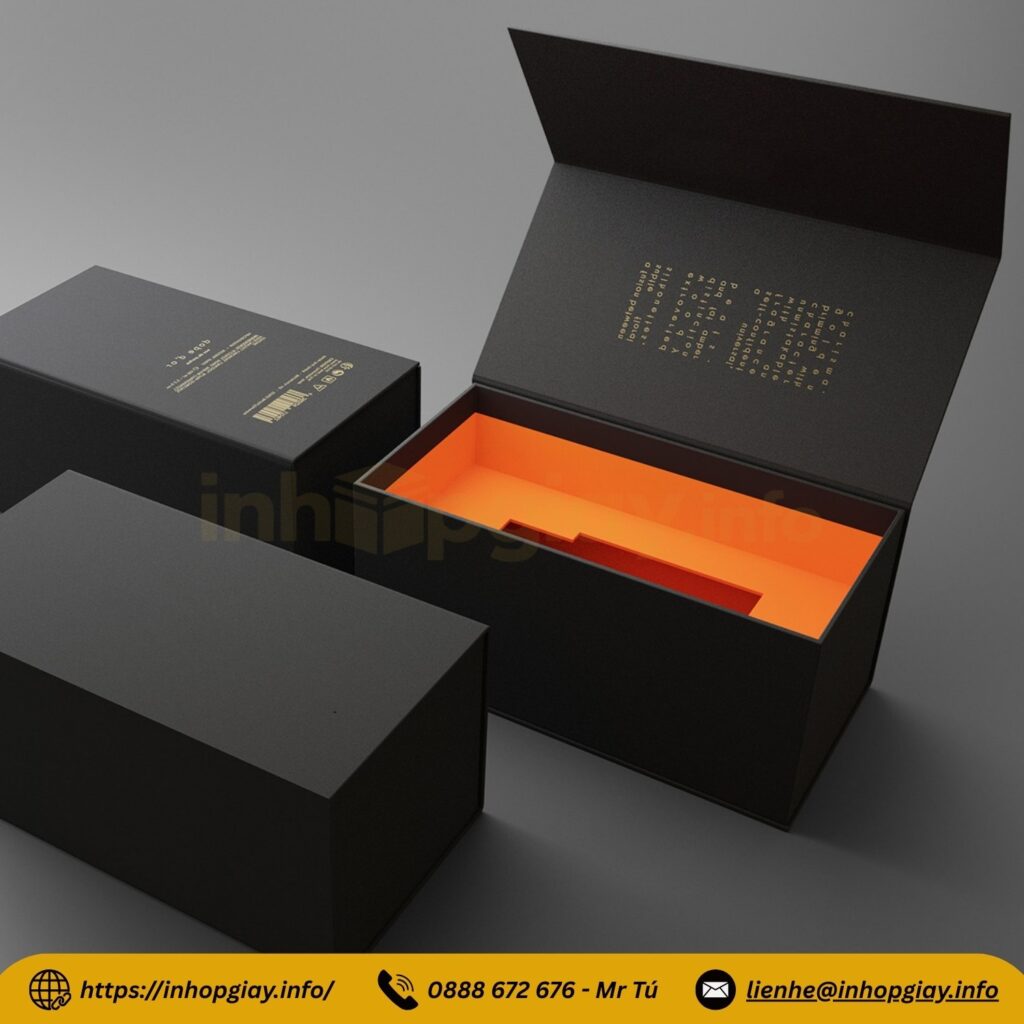 Hộp cứng nam châm bồi giấy mỹ thuật, in logo ép kim bên trong nắp hộp