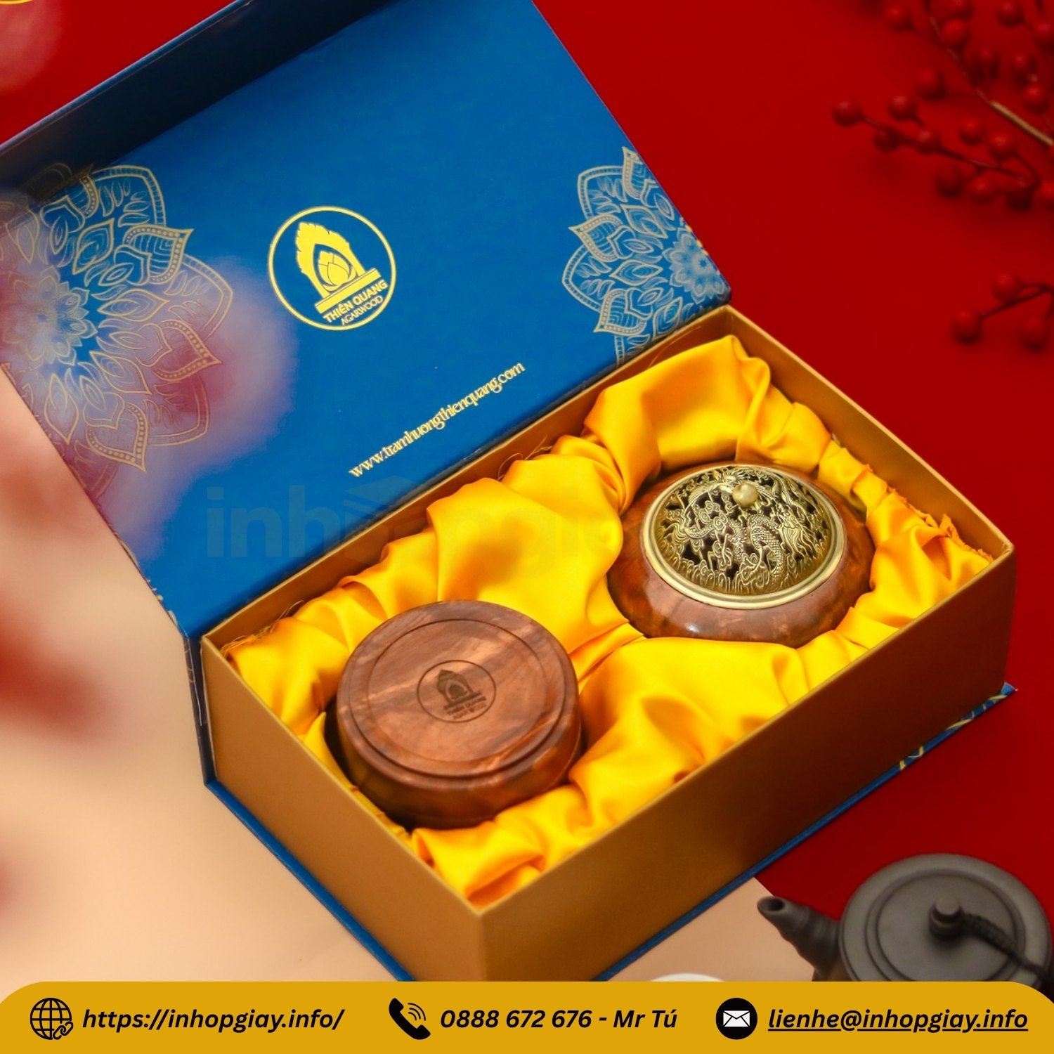 Hộp cứng nam châm xi lót lụa đựng nhang trầm làm quà tặng cao cấp